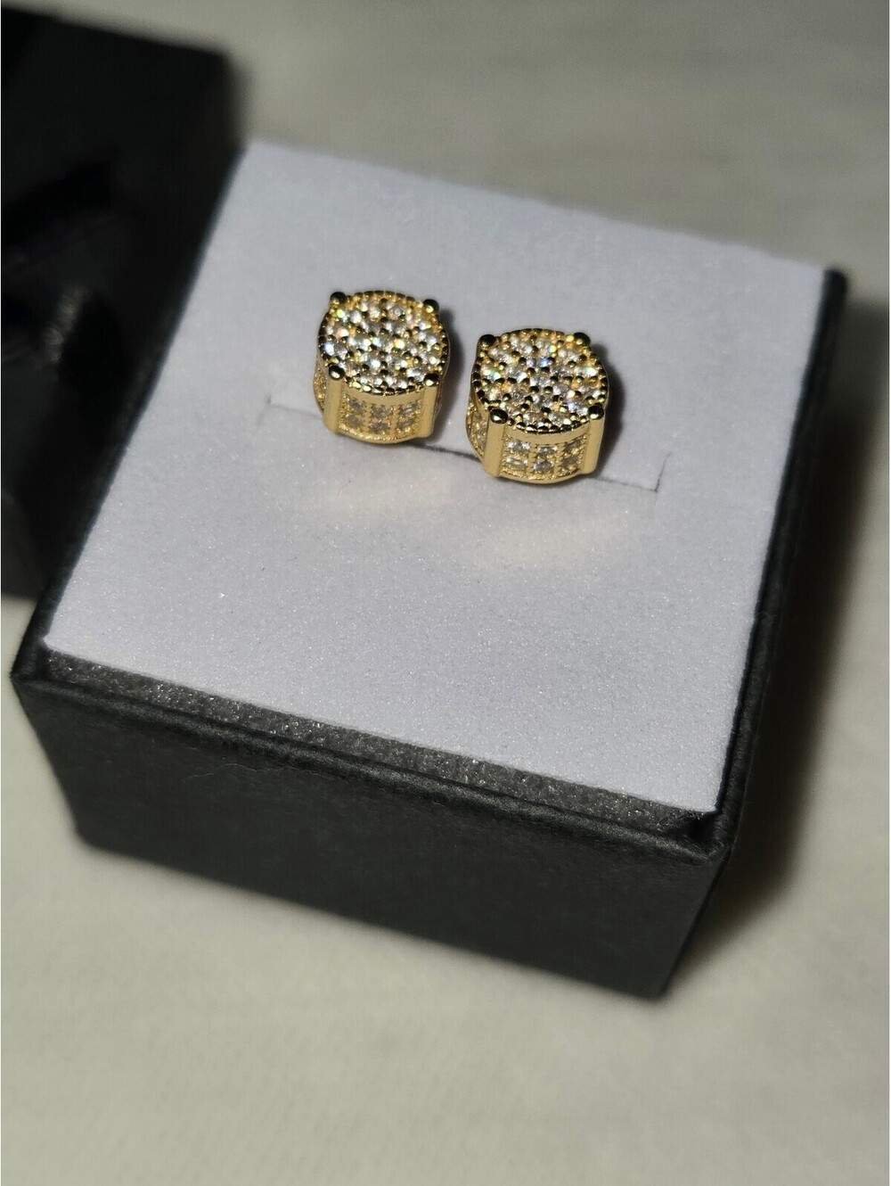 Men's 18K Gold Plated 925 Silver Stud Earrings White Synthetic Zirconia